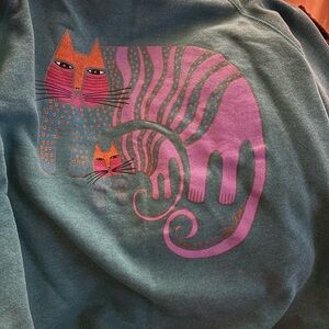 VTG 80’s Laurel Burch Artsy Cats 100% Cotton  Green Pullover Sweatshirt L